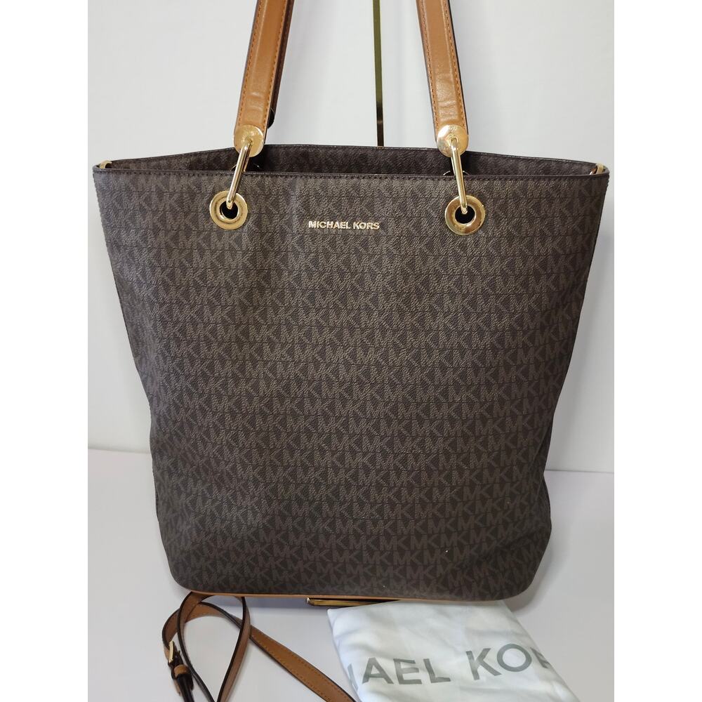 Michael Kors Jet Set Large Shoulder Tote Handbag Brown Luggage Coated Canvas - Picture 4 of 17